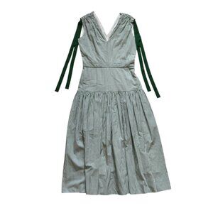 Charlotte Brody Sofia Midi Dress Womens Small Green White Stripe V-Neck Midi Bow